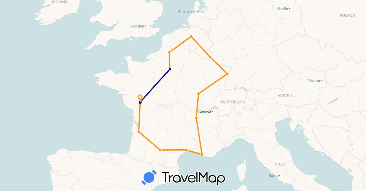TravelMap itinerary: driving, hitchhiking in Belgium, France, Luxembourg (Europe)